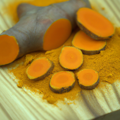 Frische Kurkumawurzel mit geschnittenen Scheiben und gemahlenem Pulver auf Holzunterlage.