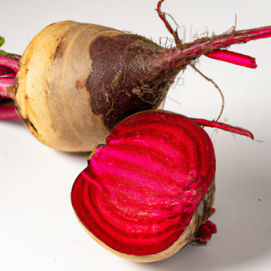 Rote Bete, ganz und aufgeschnitten, mit tiefrotem Inneren und erdiger Schale.